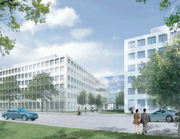 Moderne Hochhäuser mit Parkanlage: Facility Management, Energiemanagement und Technische Gebäudeausrüstung der Pandomus GmbH