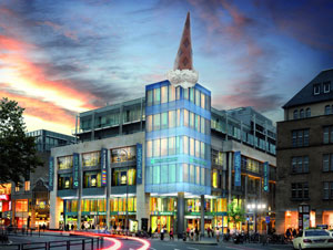 Gewerbe Referenz Einkaufzentrum Köln, Neumarkt Gallerie, modernes Gebäude mit Eiscreme auf dem Dach, künstlerisch, Kölner Innenstadt, Technische Gebäudeausrüstung und Facility Management der Pandomus GmbH, Revitalisierung des Gebäudes